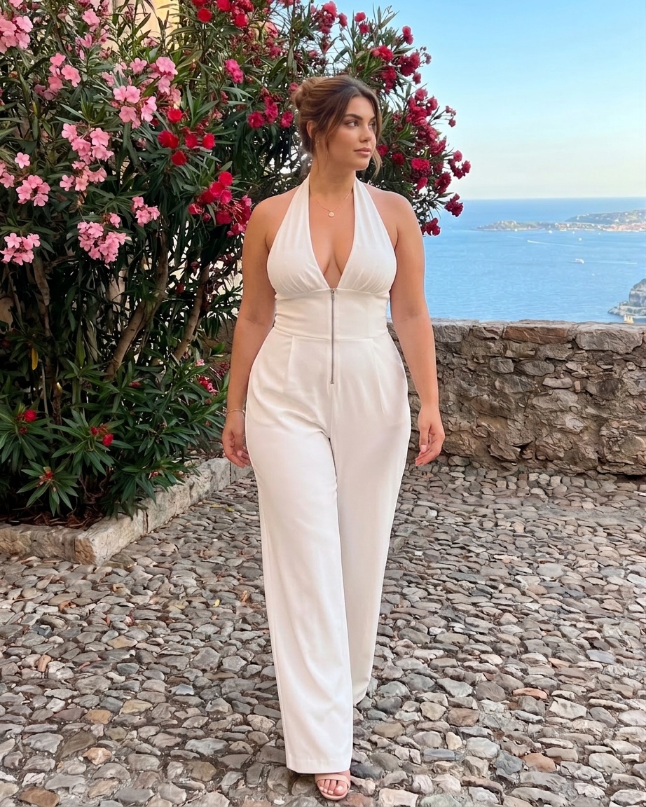 Amina | Halter Nek Brede Pijp Mouwloos Jumpsuit