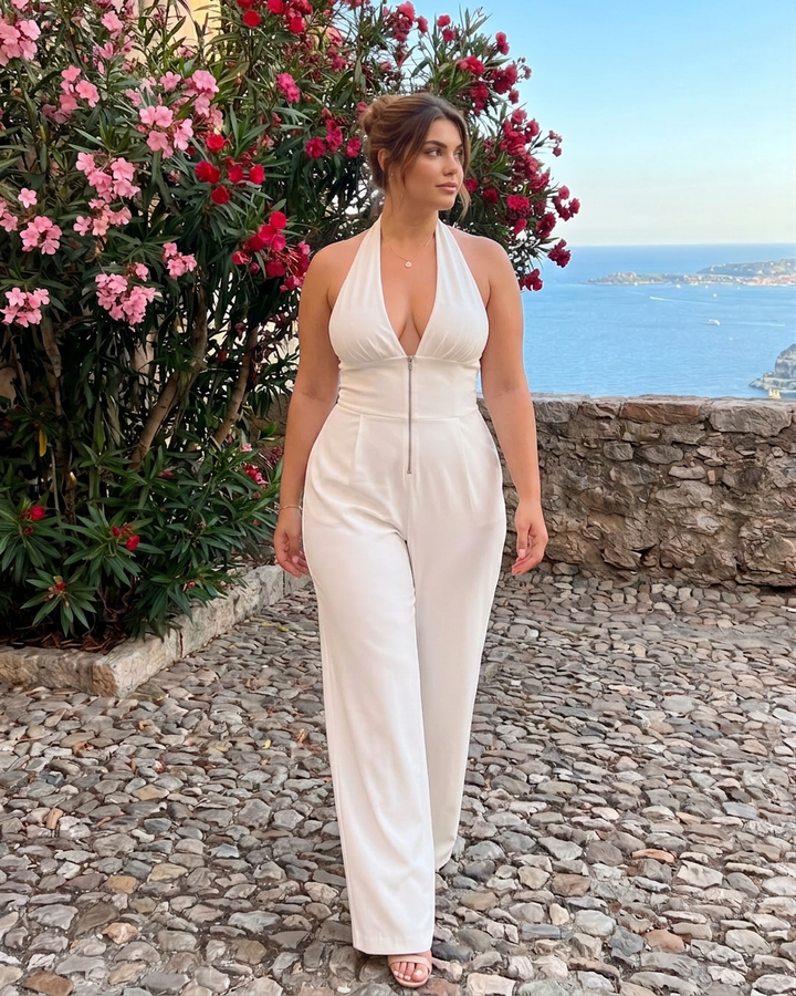 Amina | Halter Nek Brede Pijp Mouwloos Jumpsuit