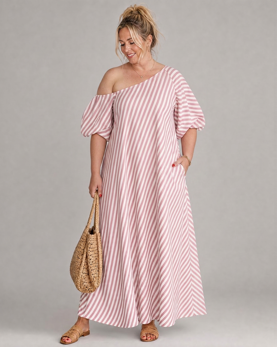 Seraphina | Gestreepte Off Shoulder Puff Sleeve Midi Jurk