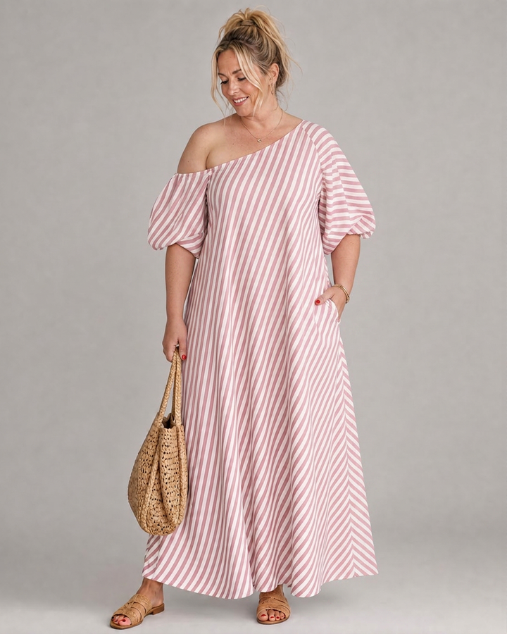 Seraphina | Gestreepte Off Shoulder Puff Sleeve Midi Jurk