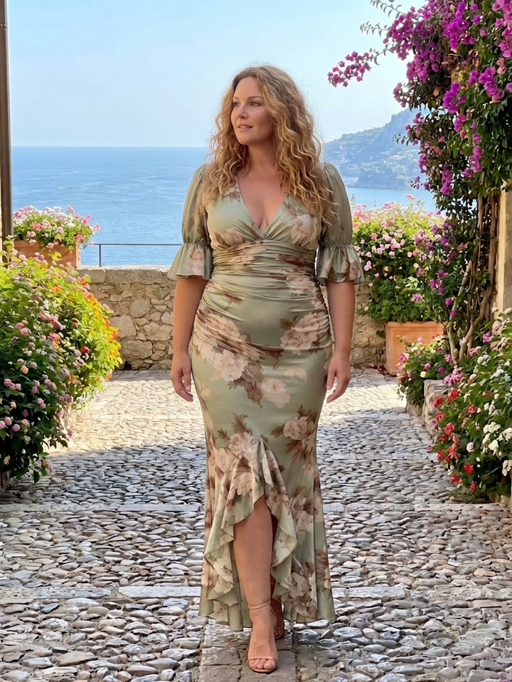 Wilhelmina | Korte Mouw V-Hals Geraffineerde Taille Midi Jurk
