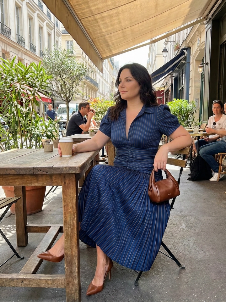 Vita | Plissé Taille Streep Midi Jurk