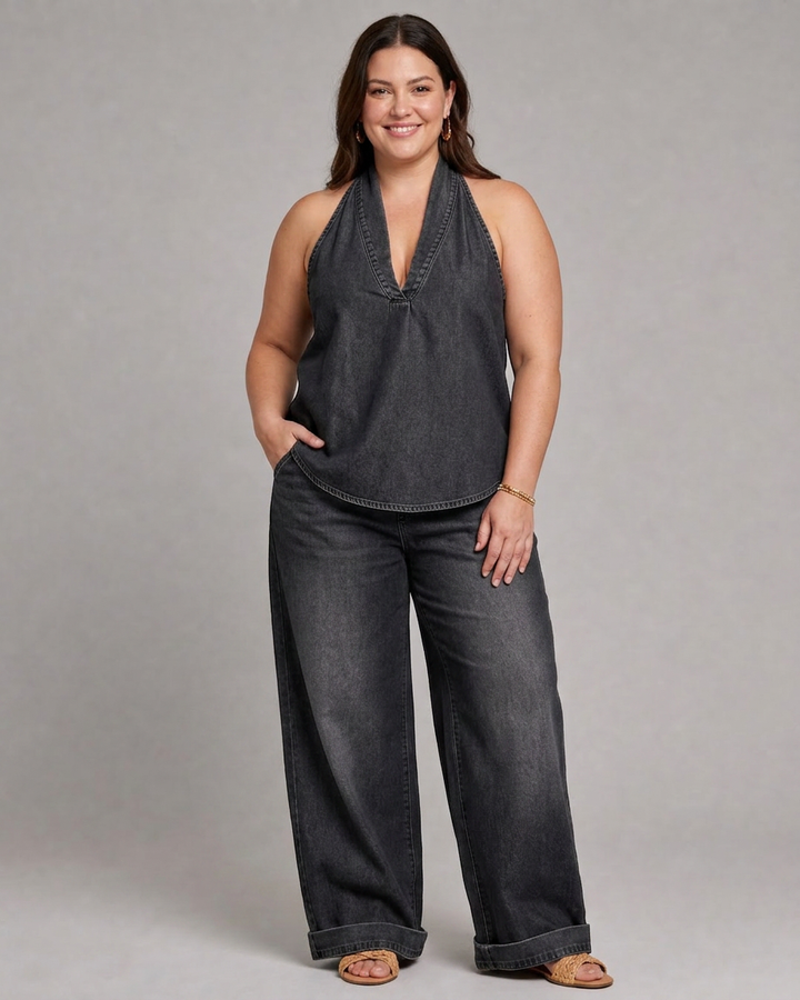 Opaline | Halter Neck Denim Top en Brede Pantalon Set