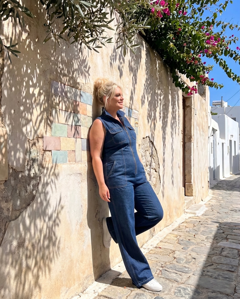 Freya | Zip Front Mouwloze Denim Wijde Pantalon Jumpsuit