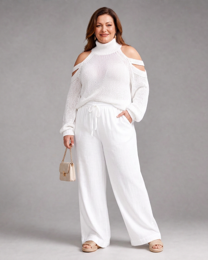 Vesper | Koud Schouder Gebreide Trui Wijde Pantalon Set