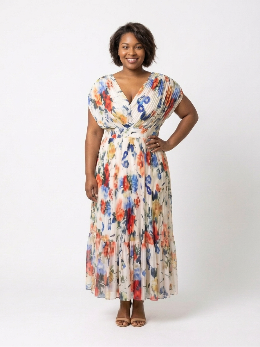 Coraline | Korte Mouw Geplooide Bloemen Midi Jurk