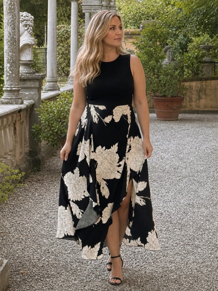 Shiloh | Mouwloze Bloemenprint Midi-jurk met Hoge Laag Zoom