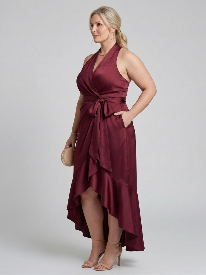 Amina | Halternek Wikkel Asymmetrische Zoom Midi Jurk