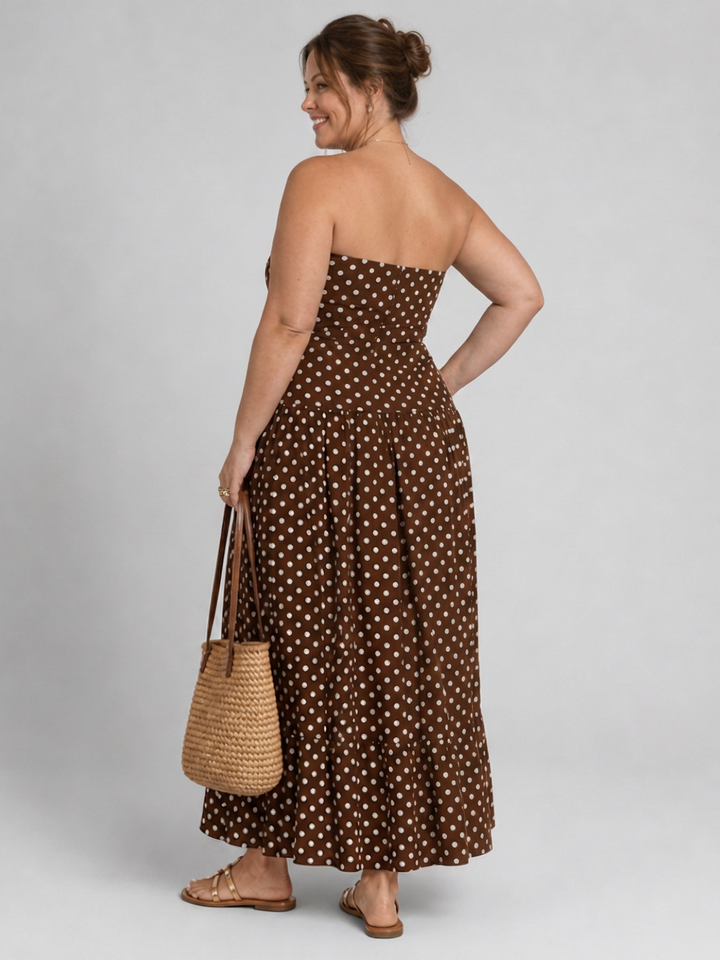 Olwen | Strapless Polka Dot Pattern Midi Dress