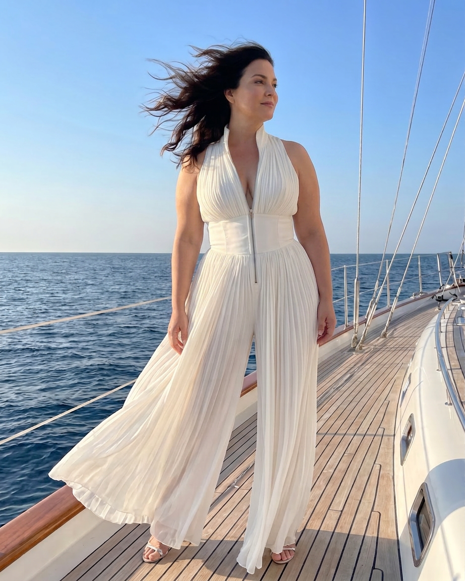 Eilwen | Geplooide Halter Nek Wijde Pijpen Jumpsuit