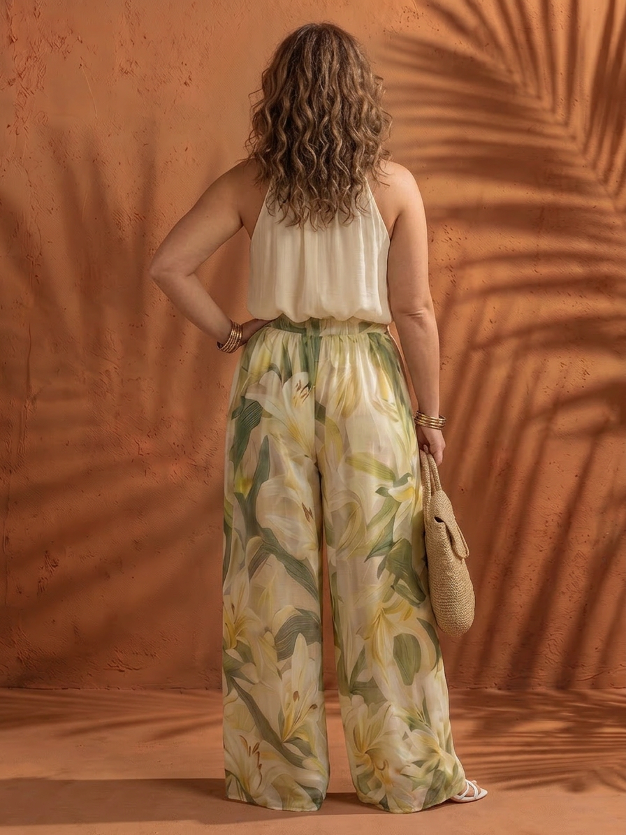 Ila | Halter Nek Blouse Bloemige Brede Pantalon Set