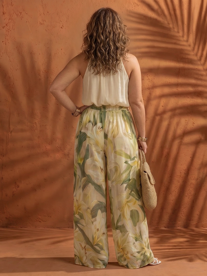 Ila | Halter Nek Blouse Bloemige Brede Pantalon Set