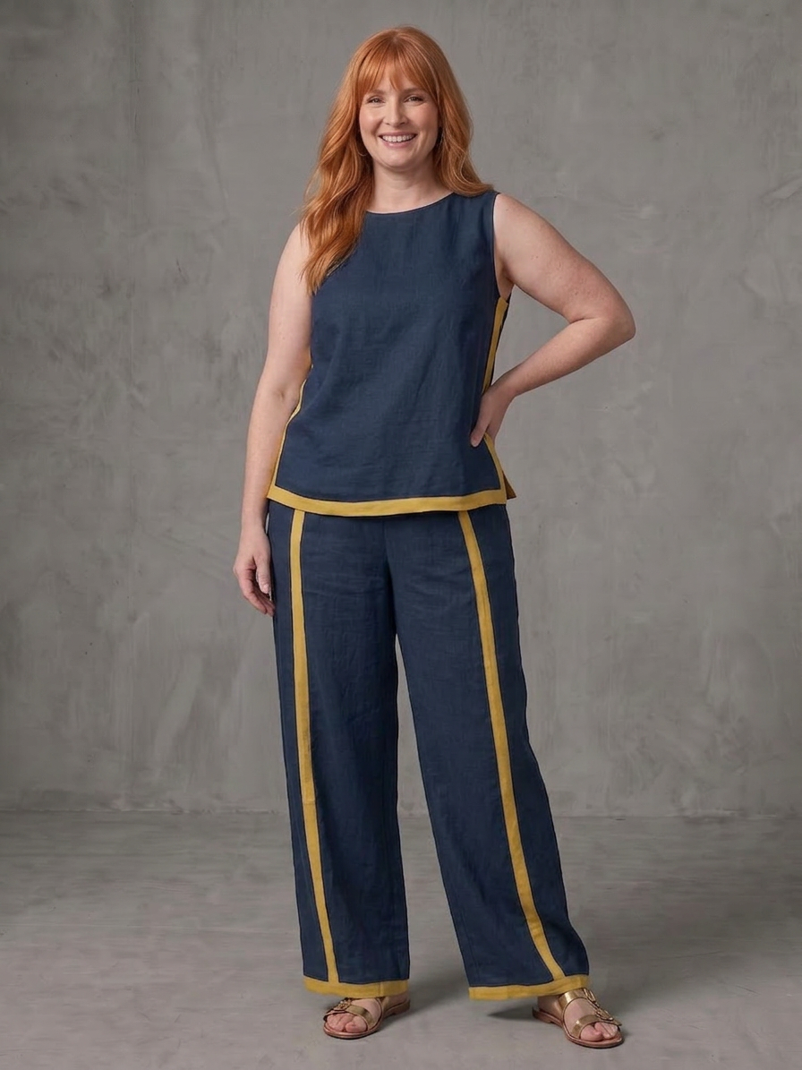 Yasmin | Mouwloze Top Set met Wijde Broek en Contrasterende Details