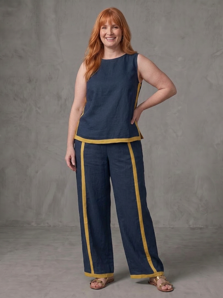 Yasmin | Mouwloze Top Set met Wijde Broek en Contrasterende Details