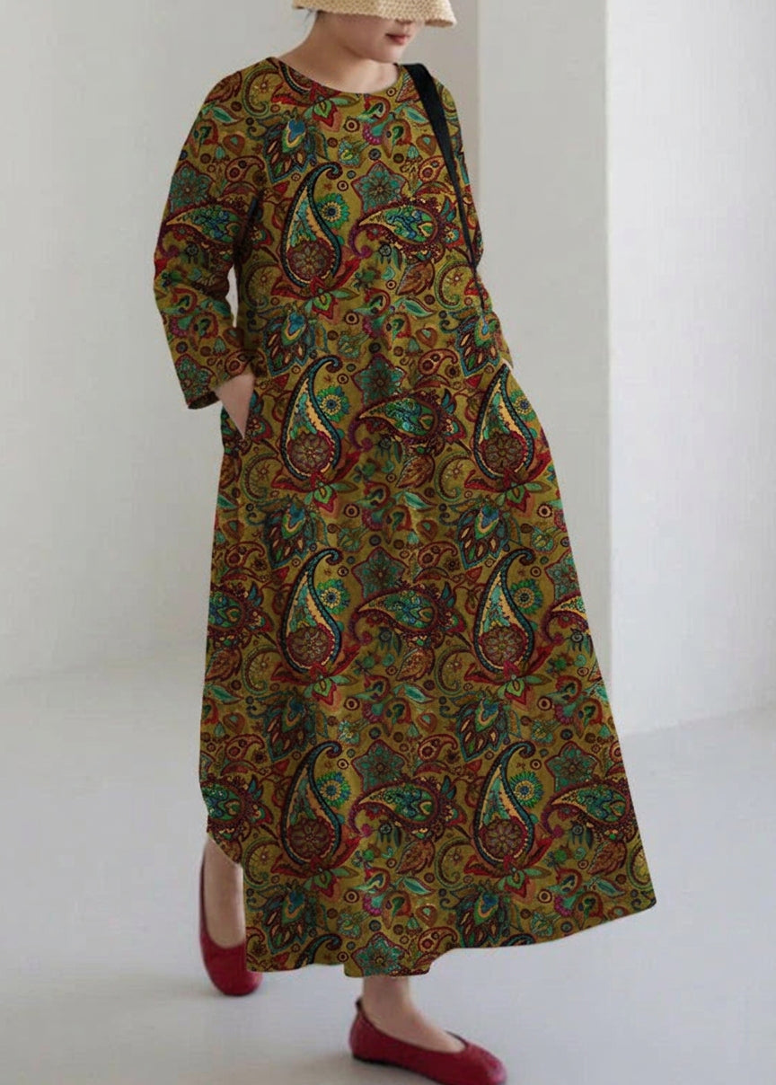 Celestine - Abrikozen Katoenen Jurken met Zakken Patchwork Lente