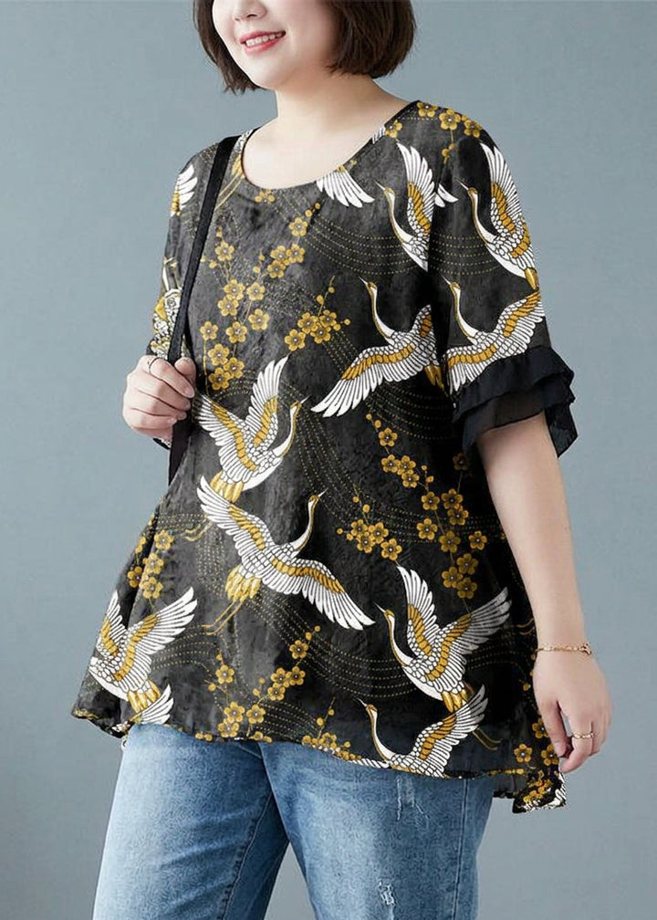 Linnea - Losse Blauwe Gepunte Batwing Mouw Katoen Linnen T-shirt