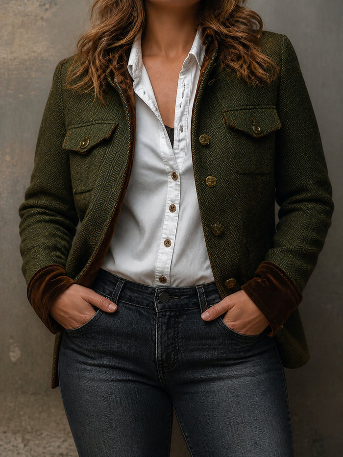 Dames Herringbone Blazer met Contrastbies