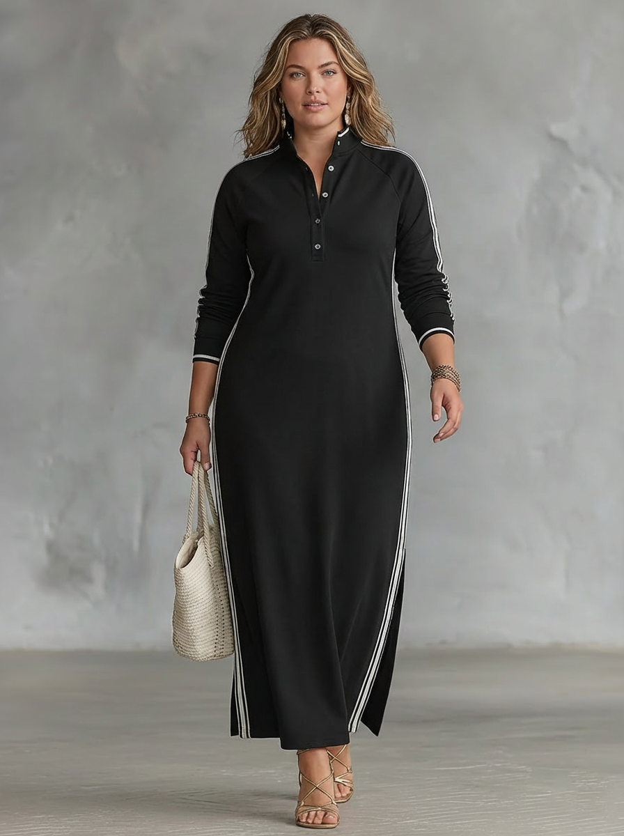 Maxi Sweatshirt Jurk voor Vrouwen met Knop-Kraag en Witte Afwerking