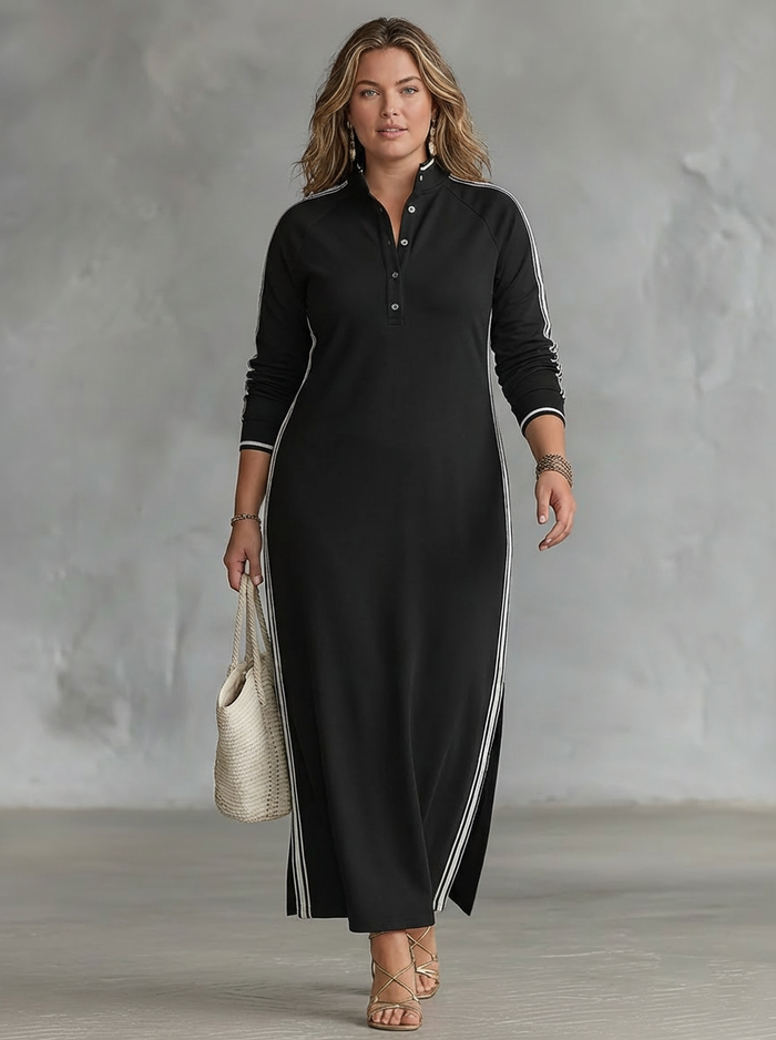 Maxi Sweatshirt Jurk voor Vrouwen met Knop-Kraag en Witte Afwerking