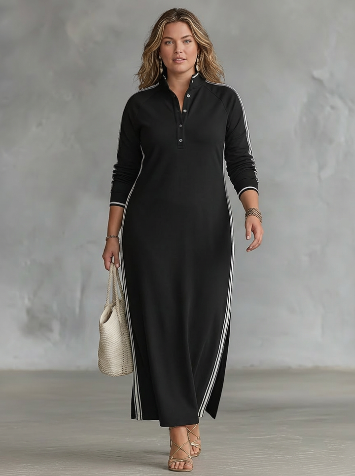 Maxi Sweatshirt Jurk voor Vrouwen met Knop-Kraag en Witte Afwerking