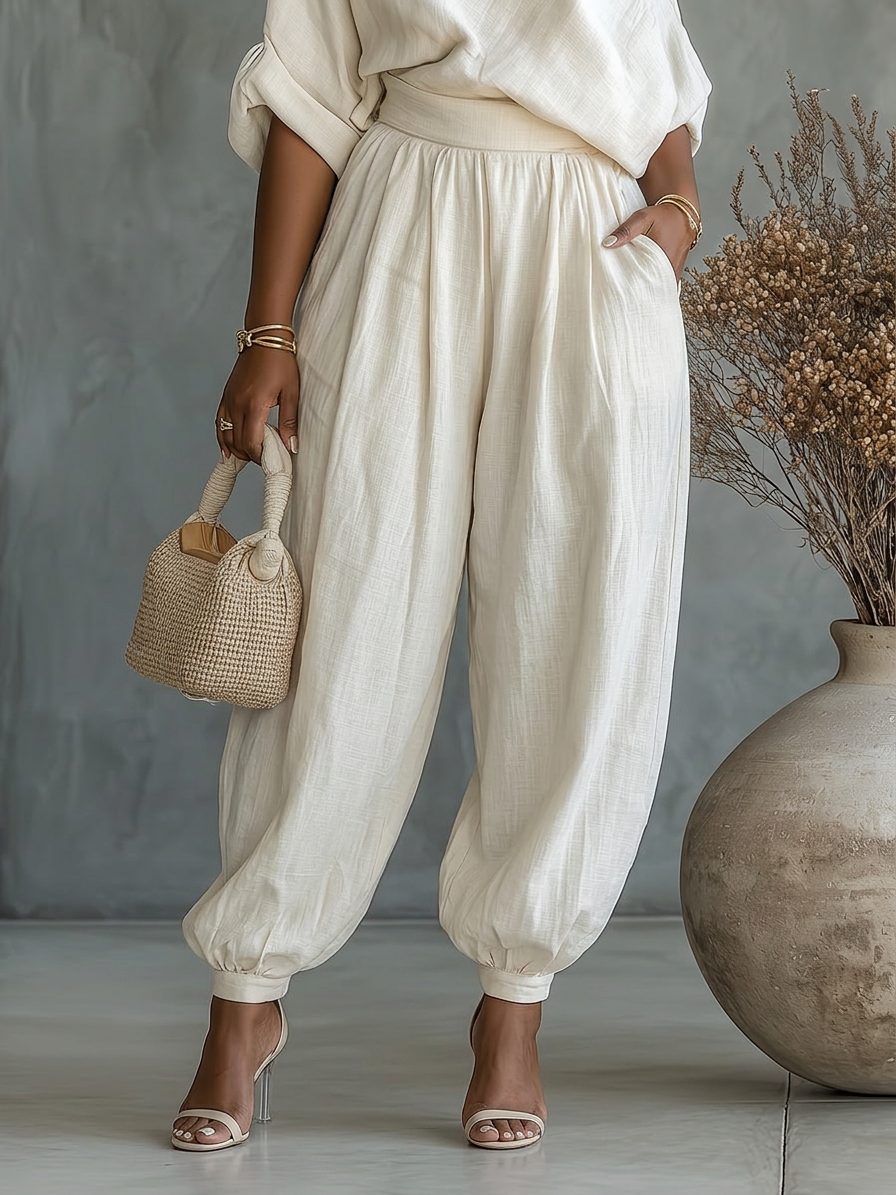 Dames Off-White Set met Off-Shoulder Top en Tapered Broek