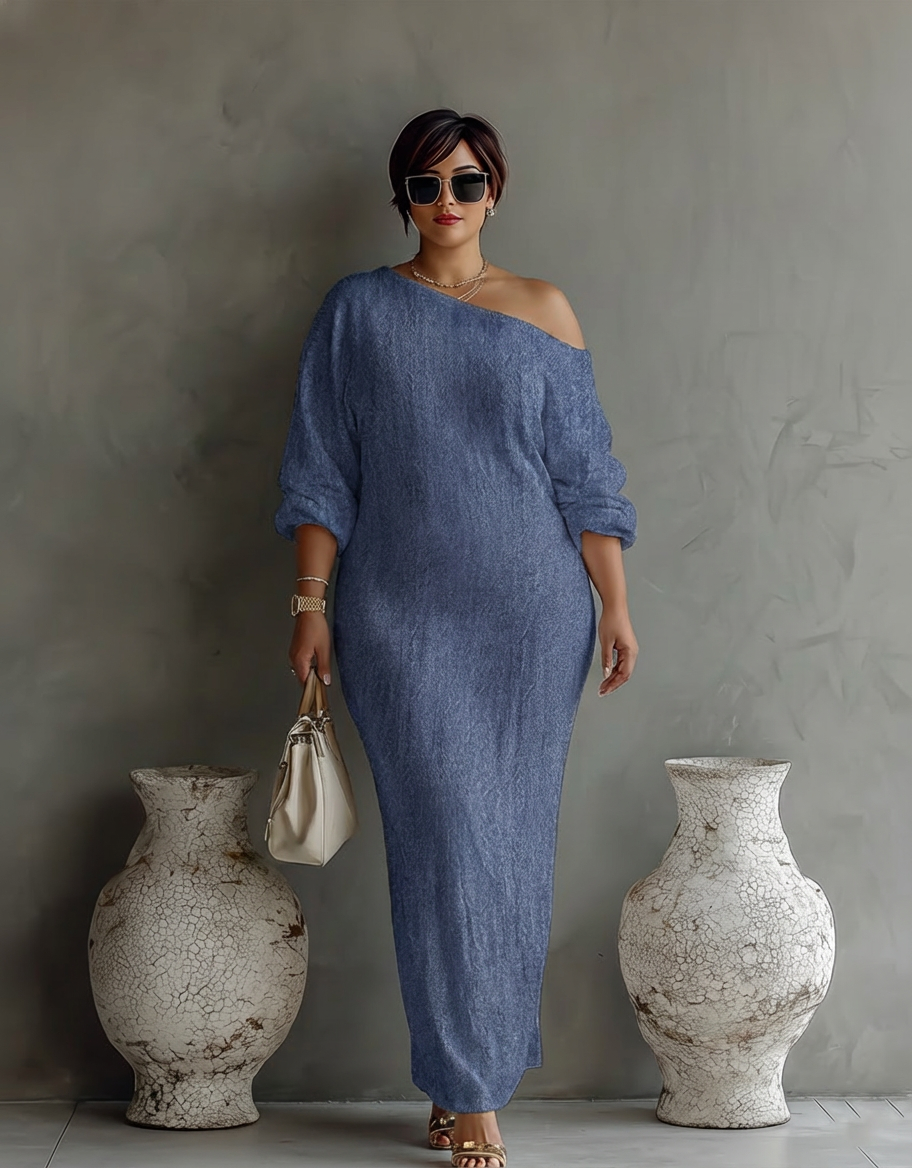 Elegante Vloeiende Jurk in Ivoorwit met Off-Shoulder