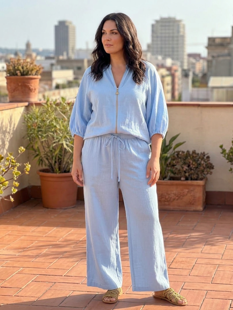 Cecily | Zip Front Blouson Top Wide Leg Set