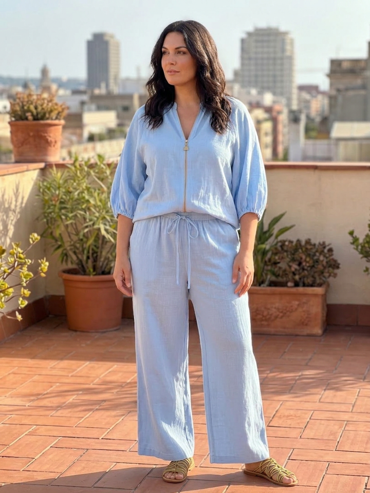 Cecily | Zip Front Blouson Top Wide Leg Set