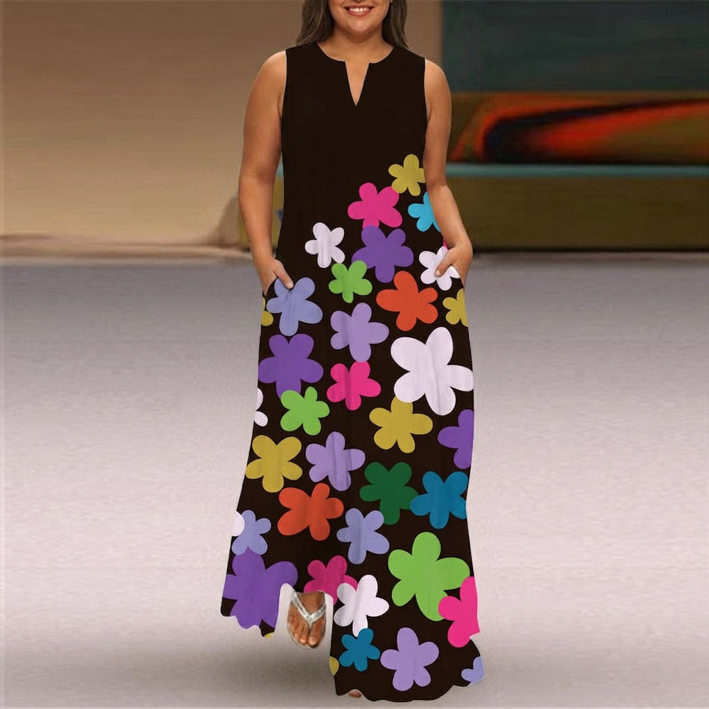 Theodora | V-Hals Mouwloze Retro Bloemen Maxi Jurk