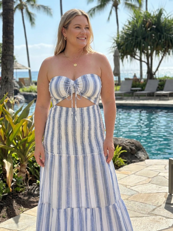 Perdita | Strapless Tiered Stripe Skirt Midi Dress