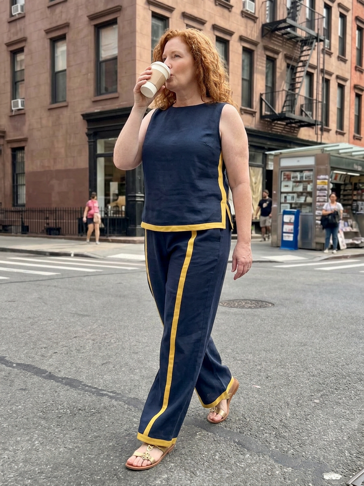 Yasmin | Mouwloze Top Set met Wijde Broek en Contrasterende Details