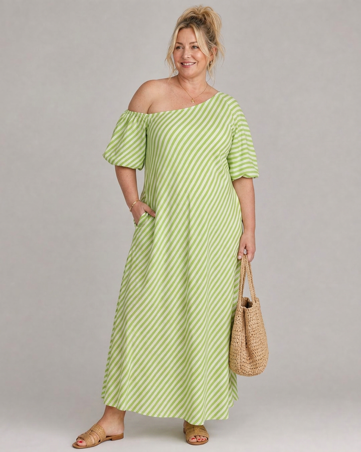 Seraphina | Gestreepte Off Shoulder Puff Sleeve Midi Jurk