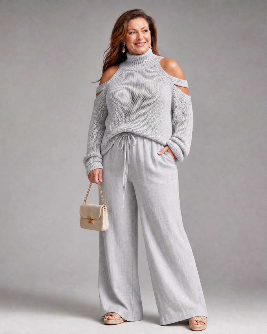 Vesper | Koud Schouder Gebreide Trui Wijde Pantalon Set