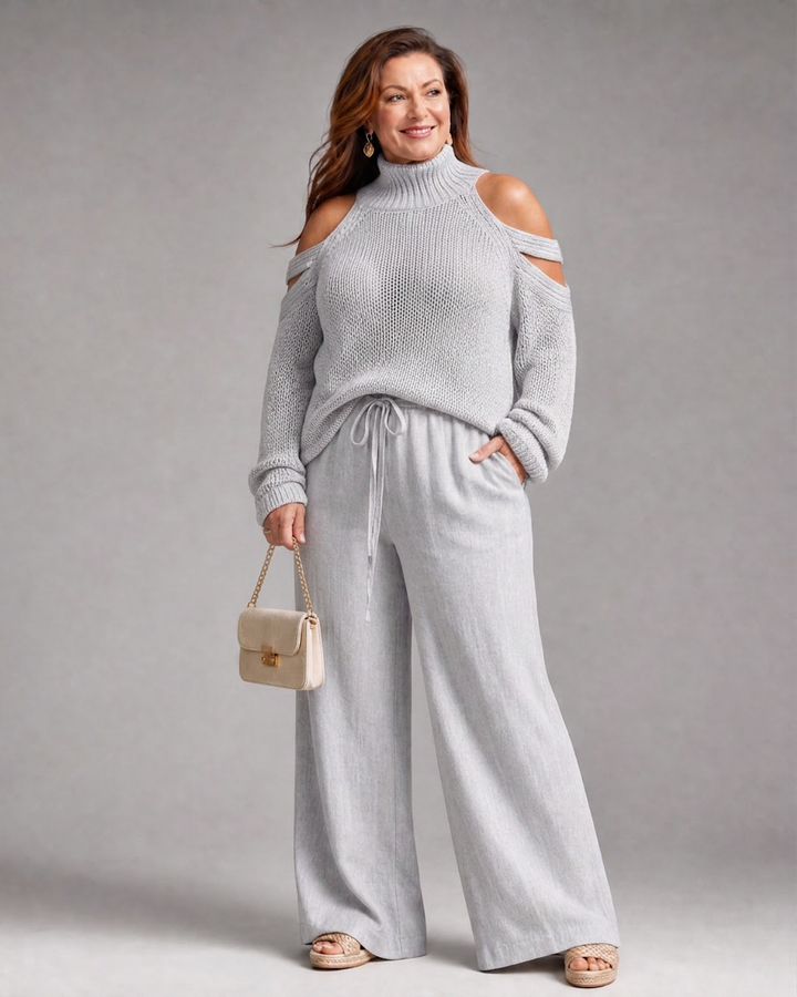 Vesper | Koud Schouder Gebreide Trui Wijde Pantalon Set