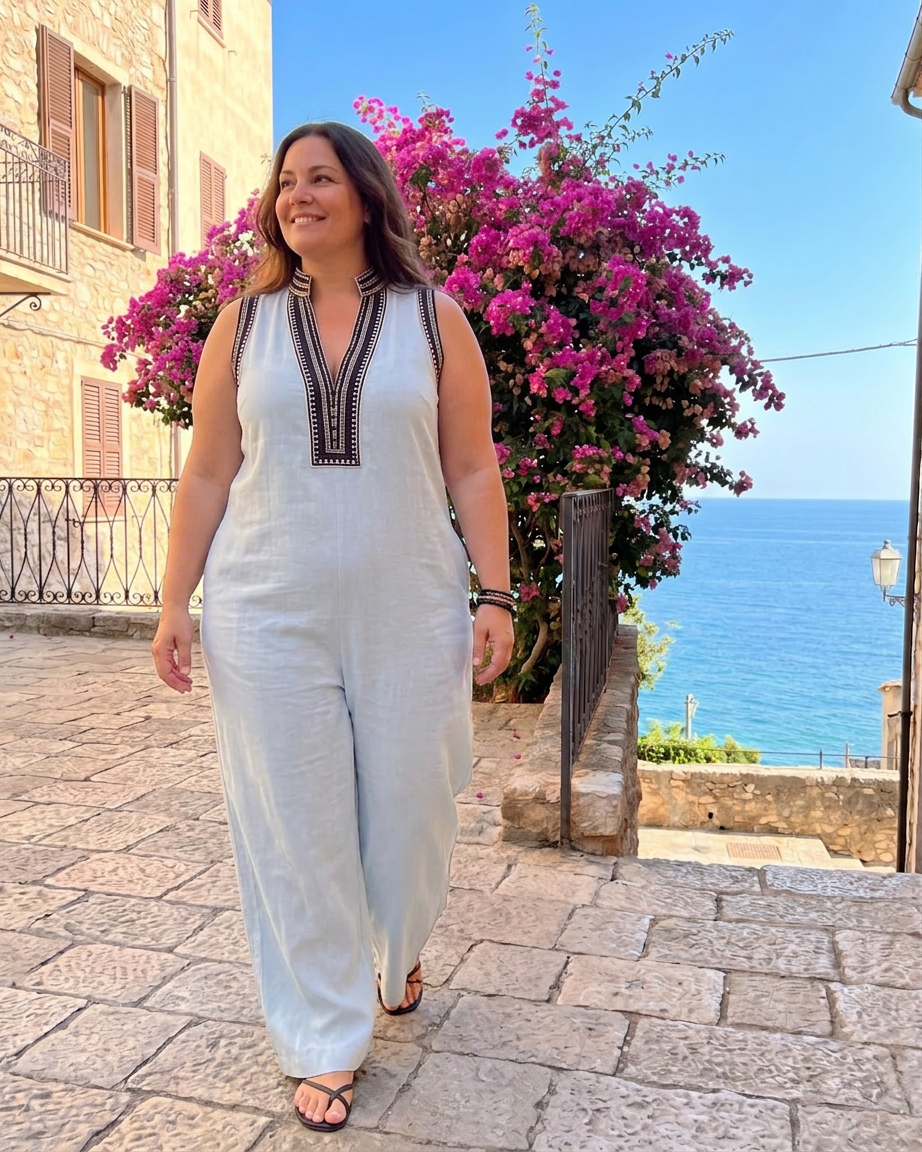 Wilhelmina | Geborduurde V-hals Mouwloze Wijde Pantalon Jumpsuit
