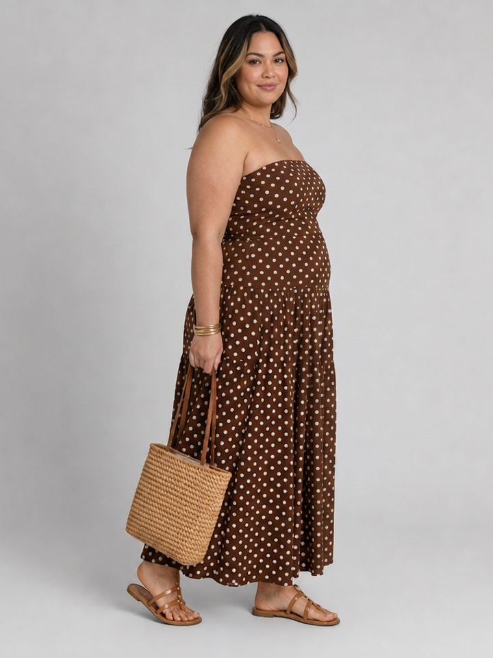 Olwen | Strapless Polka Dot Pattern Midi Dress