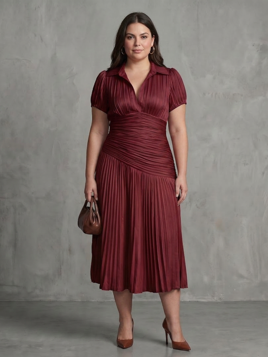 Vita | Plissé Taille Streep Midi Jurk
