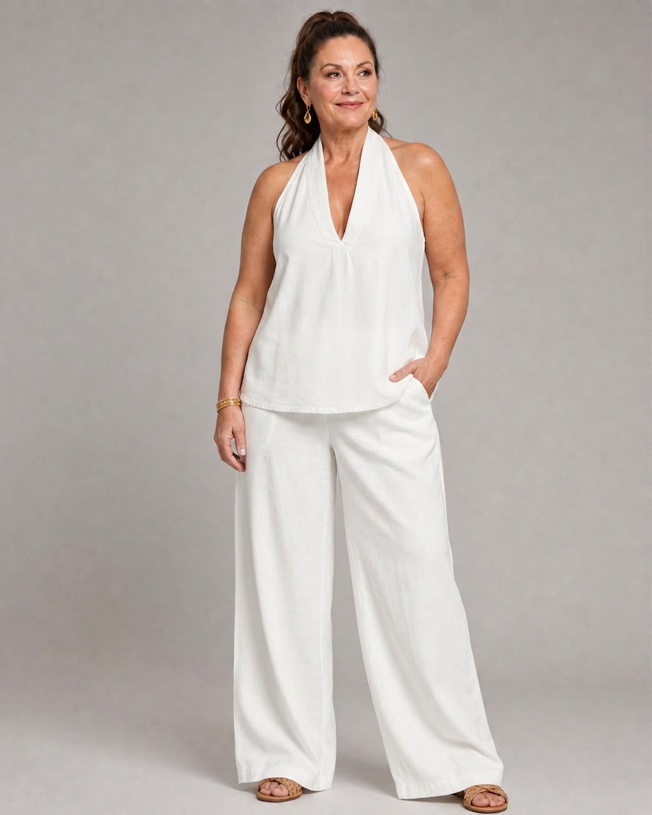 Opaline | Halter Neck Denim Top en Brede Pantalon Set