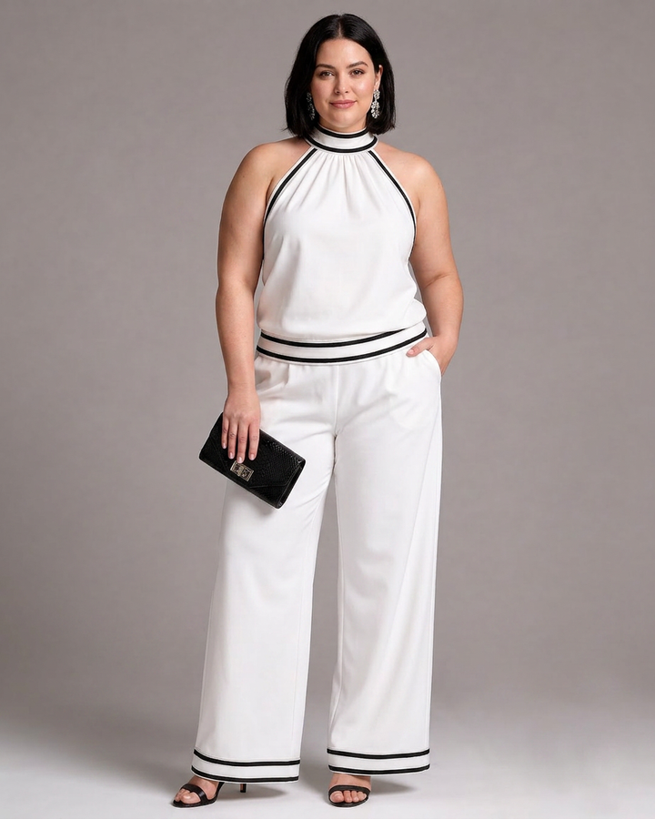 Saffraan | Contrast Trim Halter Neck Wijde Pijpen Jumpsuit