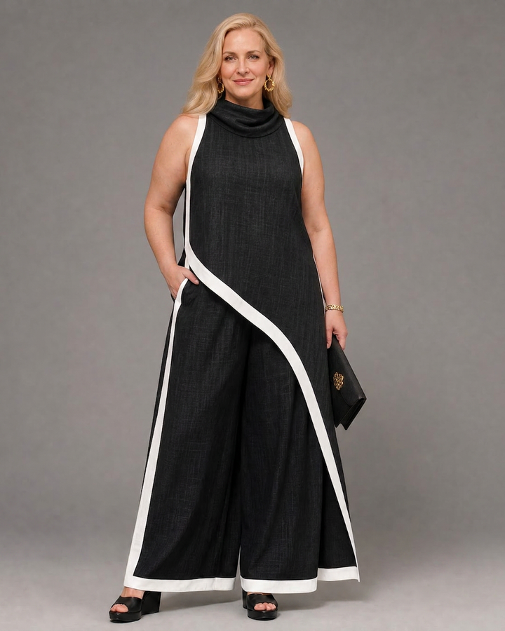 Genevieve | Mouwloze Gelaagde Top met Contrastafwerking en Brede Pantalon Set