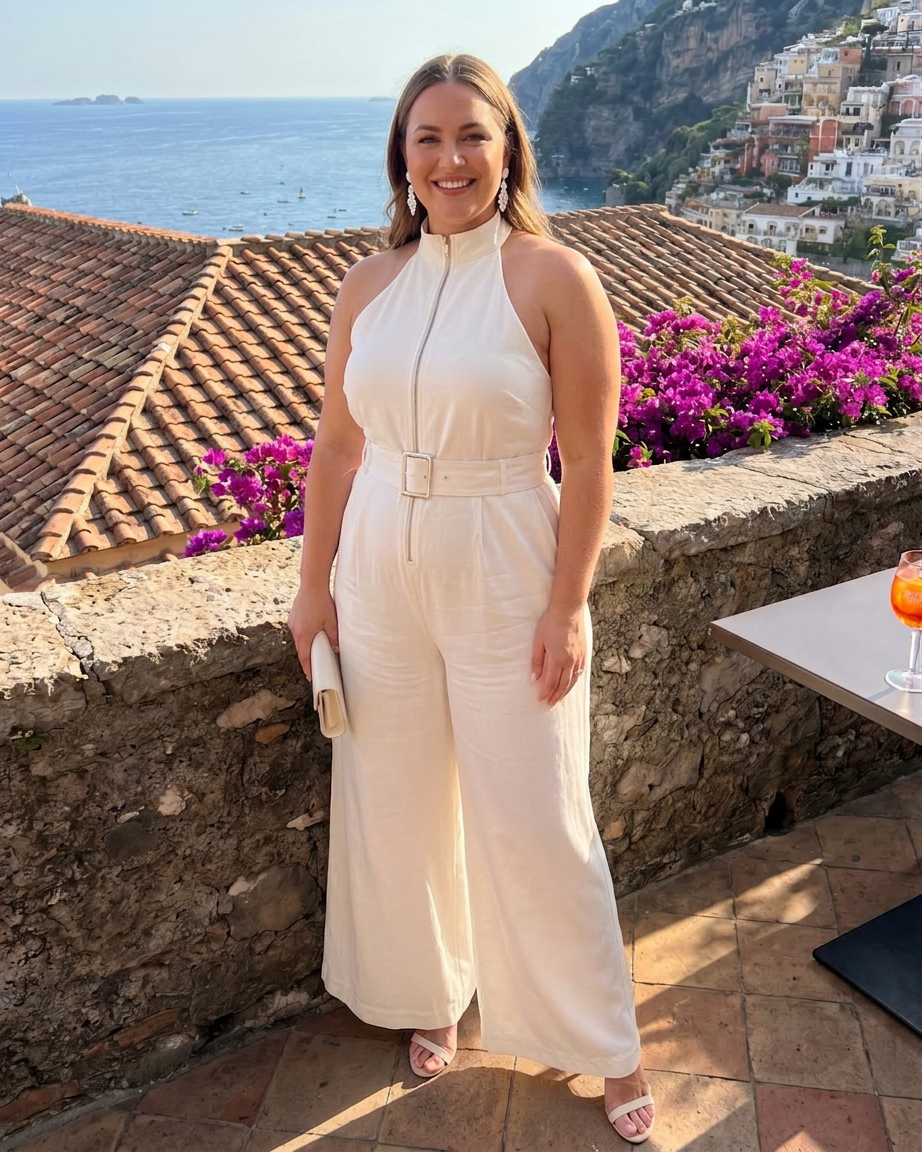 Fleur | Hoge Hals Met Ceintuur Brede Pijpen Mouwloze Jumpsuit