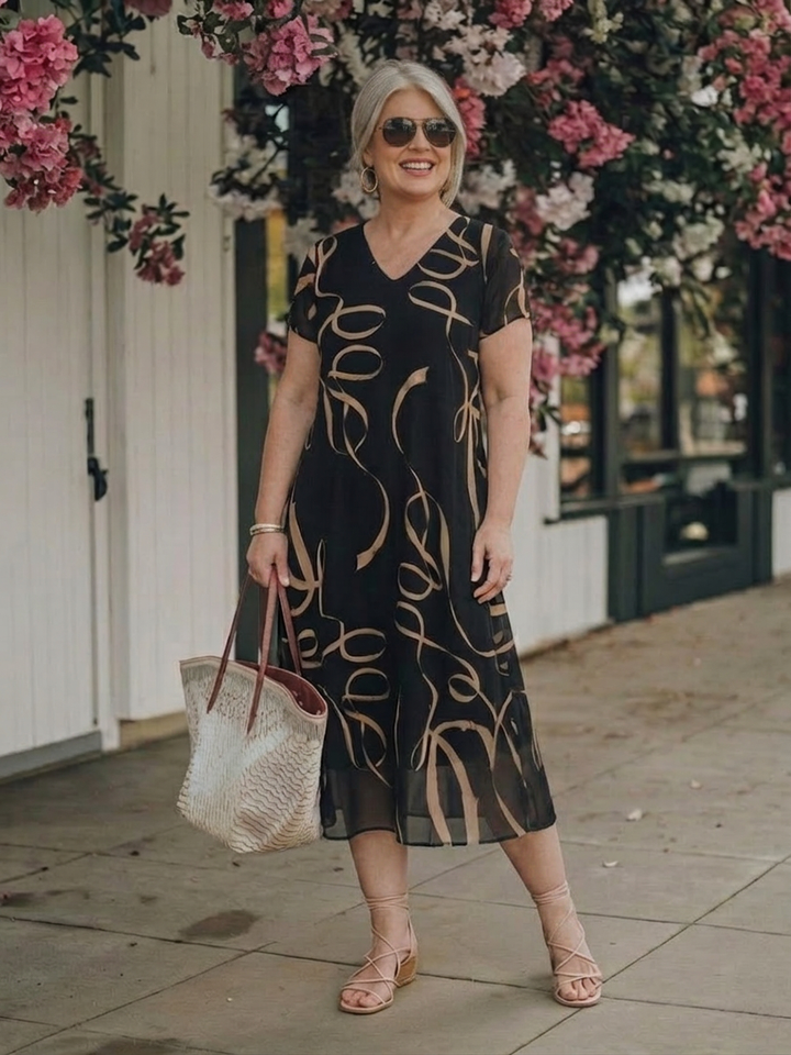 Rin | Abstract Midi Jurk met Korte Mouwen