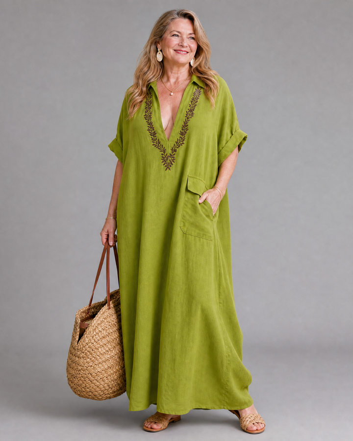 Posy | Geborduurde V-hals Pocket Detail Ontspannen Maxi Jurk