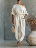 Dames Off-White Set met Off-Shoulder Top en Tapered Broek