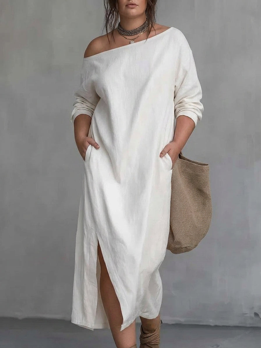 Kaia Off-Shoulder Split Jurk: Moderne Minimalistische Elegant