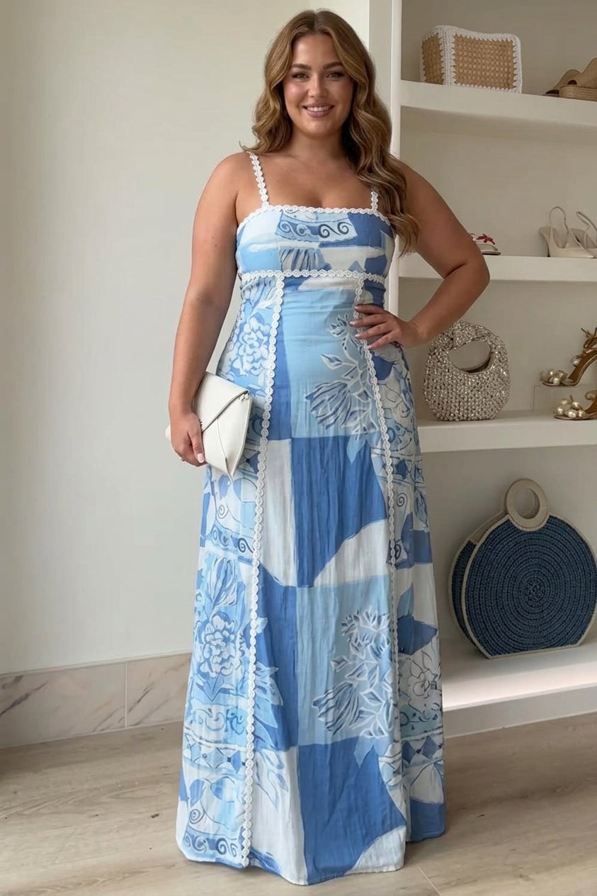 Mira | Ric Rac Strap Bow Back Gedrukt Maxi Jurk