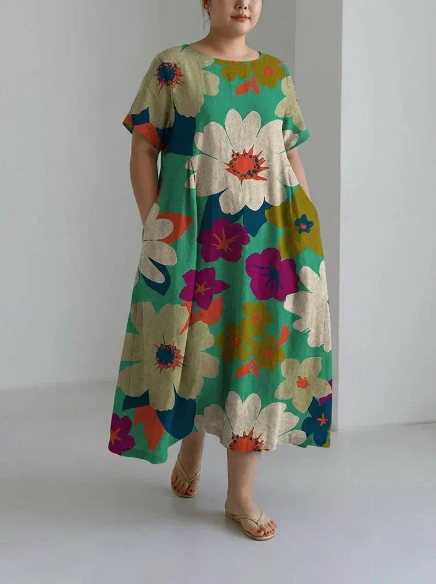 Maybelle | Kleurige Bloemige Losse Ronde Hals Middellange Rok Jurk