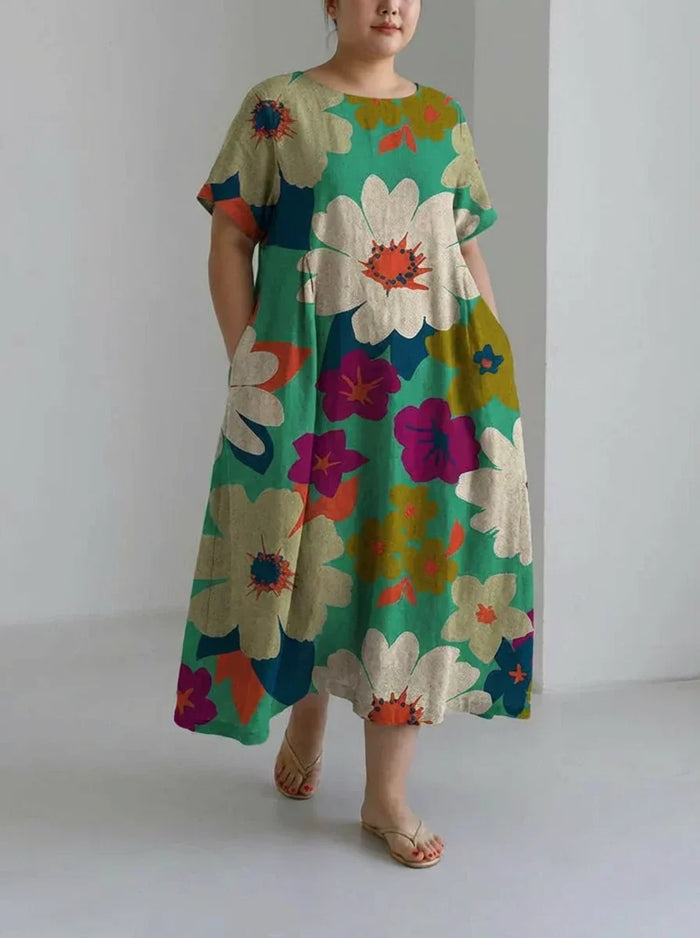 Maybelle | Kleurige Bloemige Losse Ronde Hals Middellange Rok Jurk