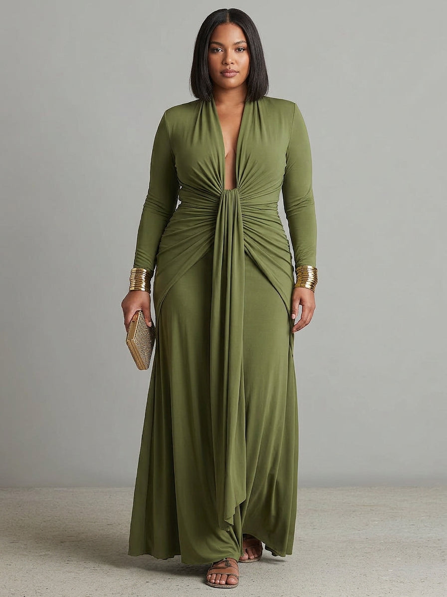 Petra Groene Lange Jurk in Stretchzijde met Diepe V-Hals en Rimpeldetails, Glamour Maxi Jurk