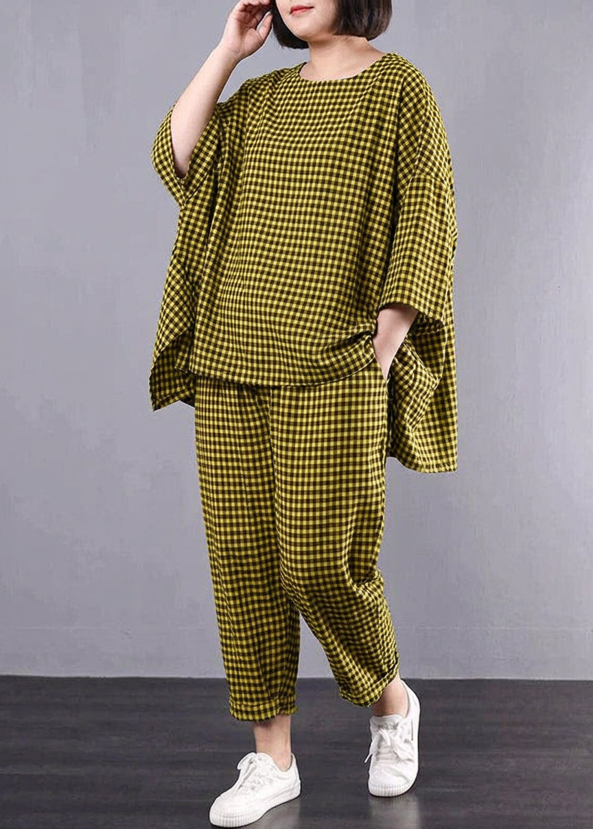Elke - Casual Plus Size Katoen Linnen Rode Ruit Vintage Blouse En Broek
